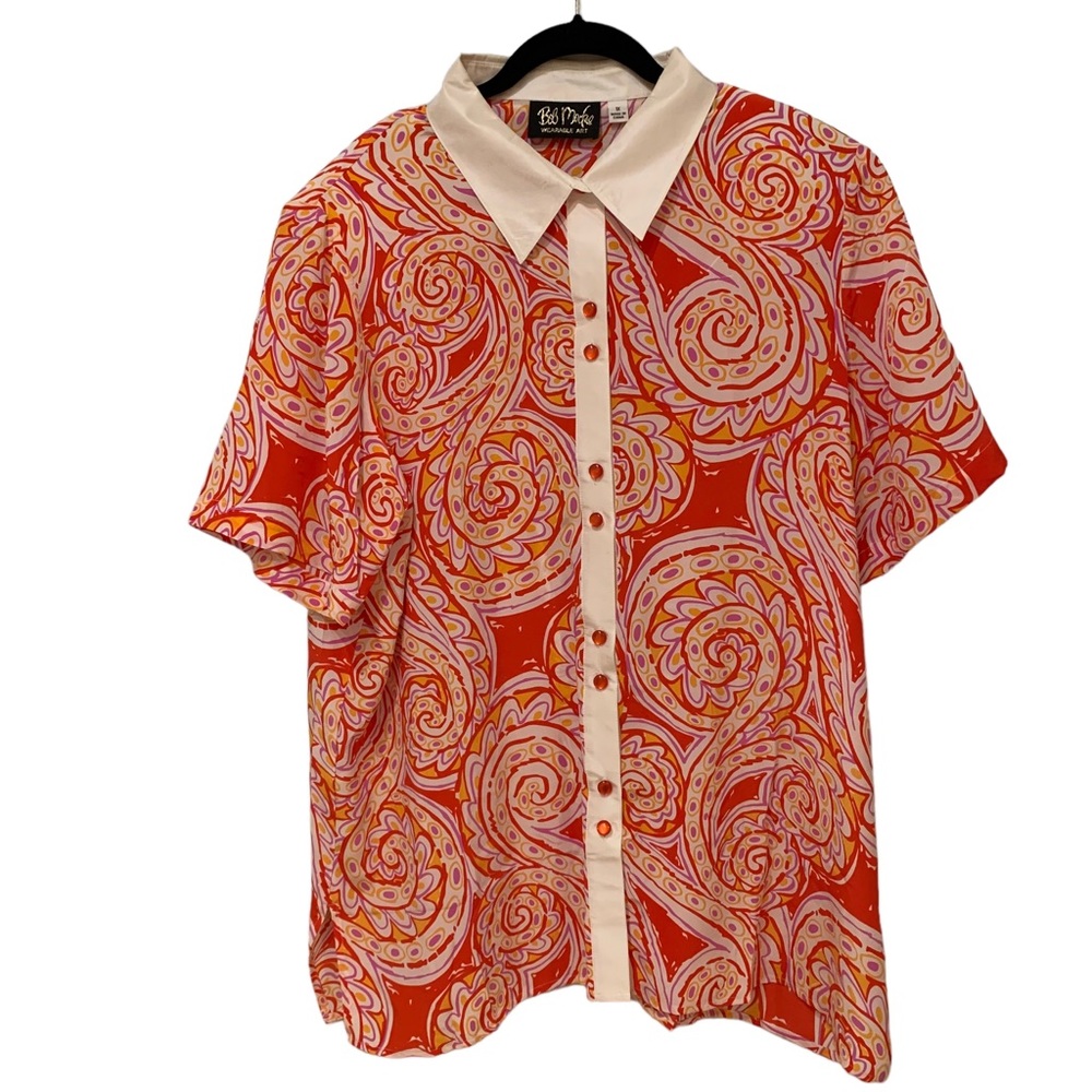 Bob Mackie Wearable Art Orange & Cream Silk Blouse Short Sleeves Vintage Sz 1X